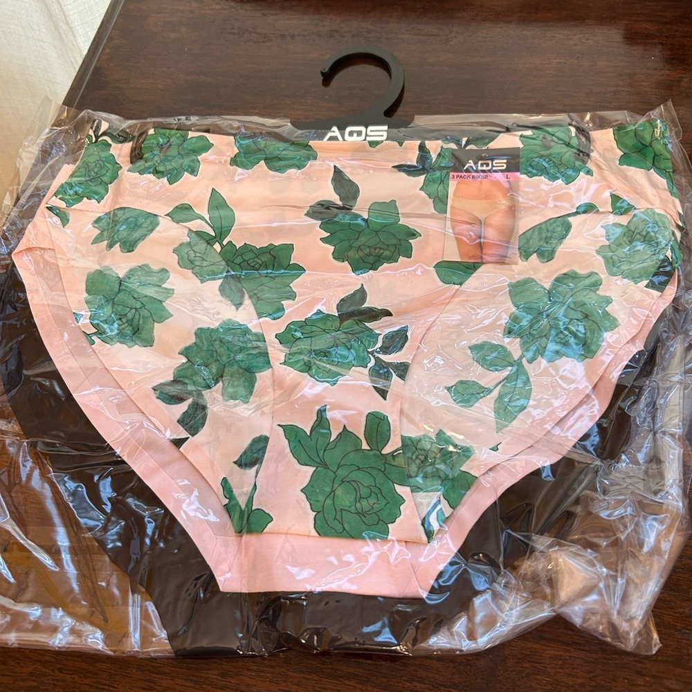 AQS Size Large Women's Floral Bikini Panties Underwear Pink & Green 3 Pack NWT